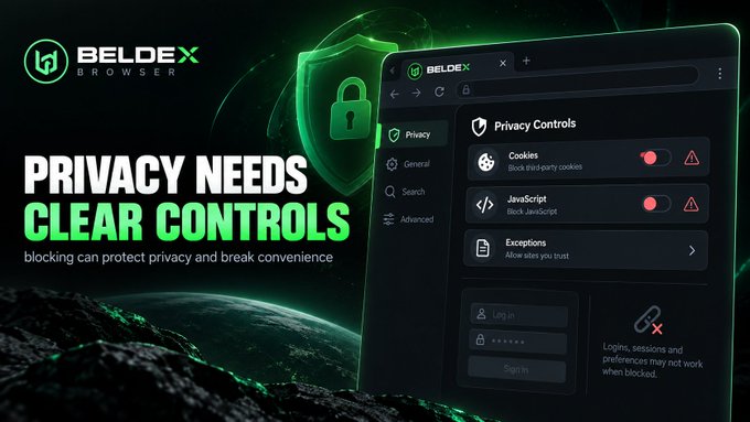 Advertisement for Beldex Browser featuring the text 'PRIVACY NEEDS CLEAR CONTROLS' and 'blocking can protect privacy and break convenience,' showing a screenshot of Privacy Controls settings with options for Cookies, JavaScript, and Exceptions.