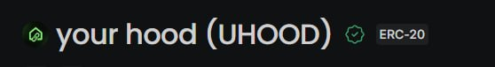 The image displays the UHOOD token logo with "your hood (UHOOD)" text alongside an "ERC-20" label, signifying the token's verification on Blockscout as an ERC-20 token on the Robinhood Chain.