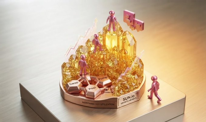 A 3D-rendered promotional scene featuring pink humanoid figures climbing atop a crystalline golden mound, with a sign reading "SUN.IO GROWTH METRICS" and "REDEFINING DEFI UTILIZATION," alongside floating labels for "Swap," "Pool," and "Pump."