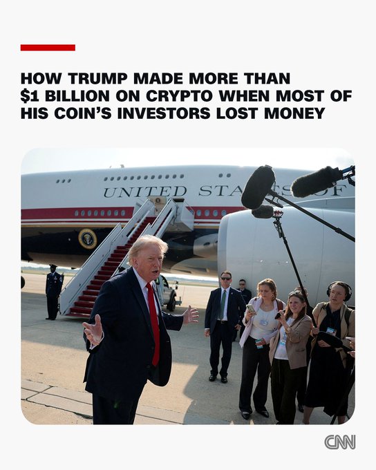Donald Trump stands on a tarmac with reporters and a plane in the background, illustrating the CNN article "HOW TRUMP MADE MORE THAN $1 BILLION ON CRYPTO WHEN MOST OF HIS COIN'S INVESTORS LOST MONEY."