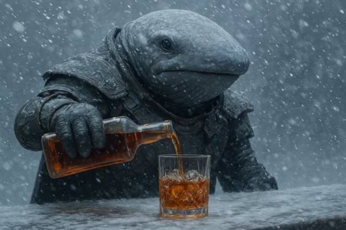 An anthropomorphic frog dressed in a dark coat pours whiskey from a bottle into a glass while snow falls around it, reflecting the poster's contemplative mood as they seek guidance on how to move forward with their project. The image's introspective scene of someone calmly pouring a drink amid a storm mirrors the post's tone of self-reflection and openness to community input.