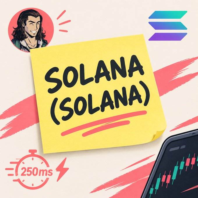 A yellow sticky note with "SOLANA (SOLANA)" written in bold black text, featuring a 250ms speed indicator and a candlestick chart, along with the Solana logo.