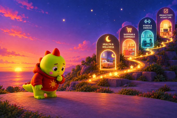A 3D-rendered green dinosaur in a red hoodie stands on a cliff overlooking a sunset, gazing at glowing portals labeled 'Health & Wellness', 'Shopping & Commerce', 'Fitness & Exercise', and 'Productivity & Daily Life'.