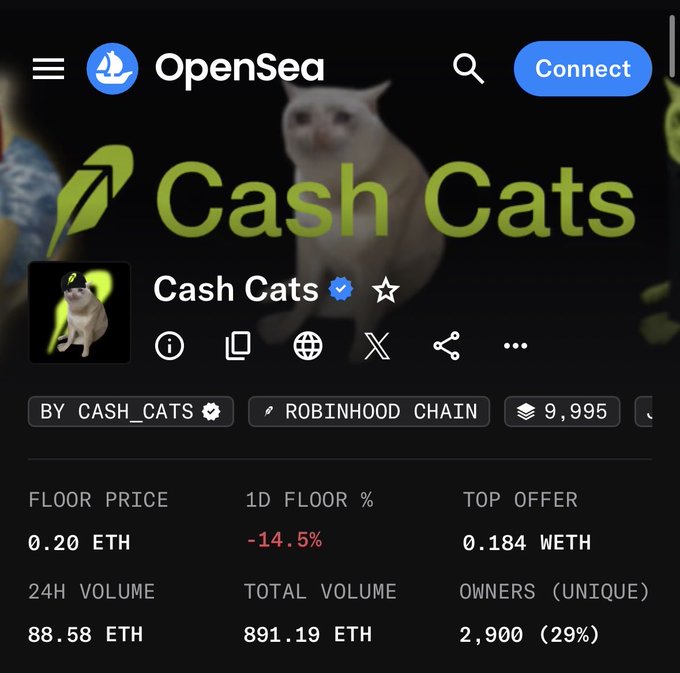 The image shows the OpenSea NFT collection page for "Cash Cats" on the Robinhood Chain, which has a floor price of 0.20 ETH and a 1D floor change of -14.5%, with 9,995 items and 2,900 unique owners. The post suggests that the Cash Cats NFTs are undervalued compared to the $160M market cap of the $CASHCAT token, framing the NFT dip as a buying opportunity to accumulate before prices rise.