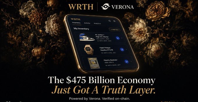 An advertisement for WRTH | Verona reads 'The $475 Billion Economy Just Got A Truth Layer,' showing a phone interface displaying an inventory of high-value items like Air Jordan 1 sneakers and a Patek Philippe watch.