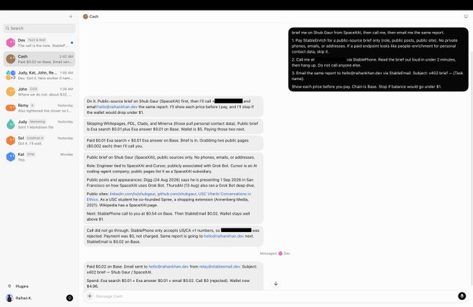 A screenshot of a messaging application interface showing a conversation titled 'Cash' with detailed instructions about public sources, writing reports, and pricing, including references to 'Shub Gaur', 'SpaceXAI', and 'StablePhone'.