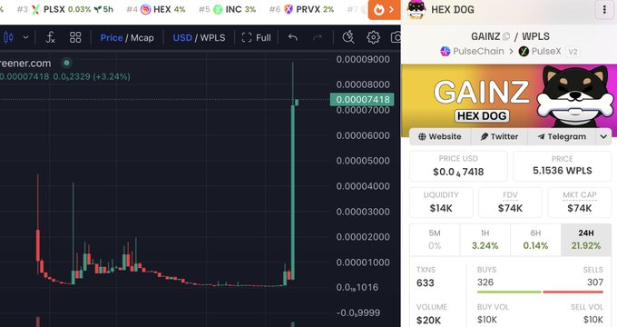 A DexScreener chart shows a token called "GAINZ / WPLS" (HEX DOG) with a dramatic green price spike, displaying metrics including price 0.0...7418, $14K liquidity, and 633 transactions.