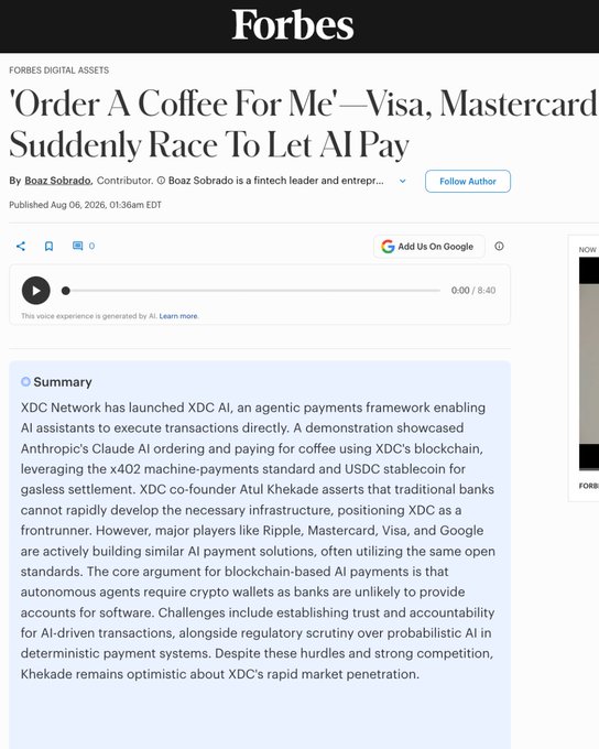 A Forbes Digital Assets article titled 'Order A Coffee For Me'—Visa, Mastercard Suddenly Race To Let AI Pay discusses XDC Network's launch of XDC AI, an agentic payments framework.