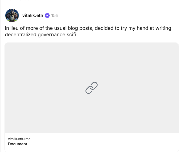 The image features a screenshot of a post made by a person named Vitalik and was sent via Twitter. The post includes a screenshot of an important document, which contains information about the current state of Bitcoin and its mining process. The title of the document is "Vitalik 国内治理题材创作". In addition to the main document, there is also a summary provided by Vitalik that reads: "ETH跌跌不休，V神却要去写那些常规博客了", which seems to be a reference or quote from the document. The post is located in the bottom right corner of the image, and it appears that the original screenshot has been edited to include this additional information.
