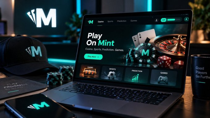A promotional image for an online platform called 'Mint' featuring 'Play On Mint' on a laptop screen, surrounded by gaming and gambling elements like a cap, poker chips, dice, and a slot machine.