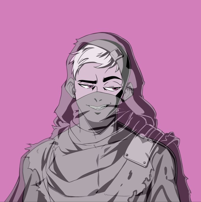 A digital illustration of a smirking male character with a partially grey beard, wearing a grey hood, mask, and shoulder armor against a pink background.