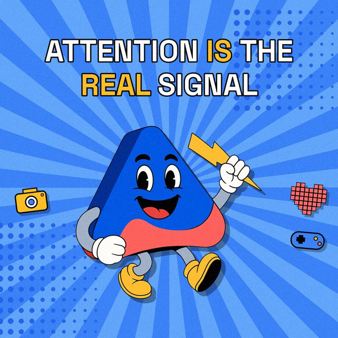 A retro-style graphic with a blue sunburst background featuring a smiling cartoon triangular character holding a lightning bolt, with the text 'ATTENTION IS THE REAL SIGNAL' at the top.