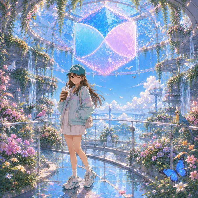 A detailed anime-style illustration of a girl in a 'BOOK' cap, light blue jacket, and white skirt holding a coffee cup, standing on a glass walkway in a lush garden with a large glowing purple and blue crystal structure overhead, birds, and butterflies.