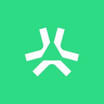 A green and white logo featuring a stylized hexagonal symbol with curved lines on a bright green background.