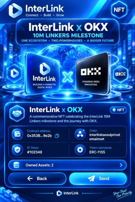 A promotional graphic for InterLink x OKX celebrating 10M Linkers milestone, featuring an NFT with contract address 0x353B...9e2b on the interlinkseoulprivate mainnet.
