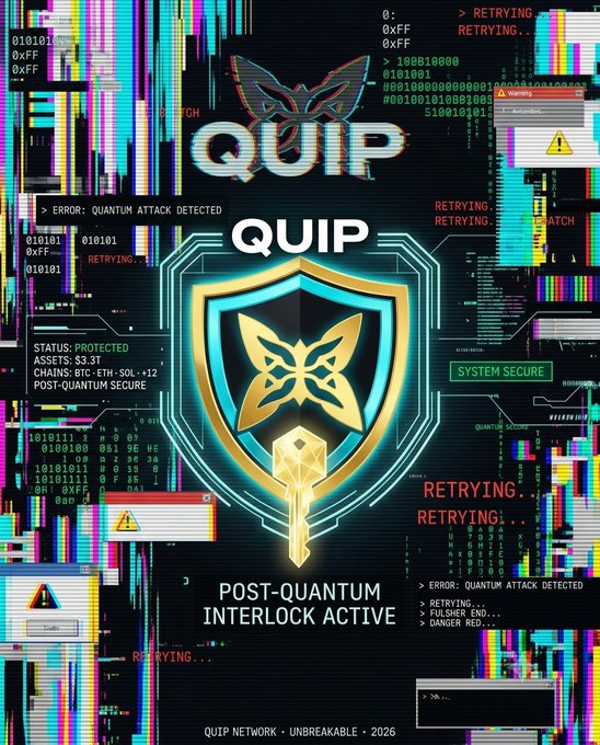 A digital graphic for "QUIP NETWORK" displaying a gold shield and key logo, with text indicating "POST-QUANTUM INTERLOCK ACTIVE" and "SYSTEM SECURE" against a glitchy, data-filled background.