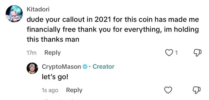 A YouTube comment exchange where user "Kitadori" thanks CryptoMason for a 2021 callout that made them "financially free," and the creator responds with "let's go!" — illustrating how a $QNT callout made an impact on viewers.