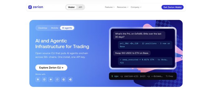 Zerion website banner promoting 'AI and Agentic Infrastructure for Trading' with a CLI example for swapping 100 USDC to ETH on Base.