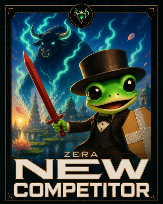A fantasy illustration titled 'ZERA NEW COMPETITOR' featuring a green frog in a top hat and suit holding a red sword, with a glowing-eyed bull in the background.