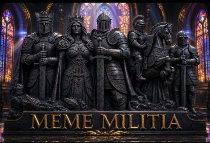 An epic fantasy-style image titled 'MEME MILITIA' depicting a stone monument with a queen, kings, and armored knights/soldiers set against a cathedral backdrop.