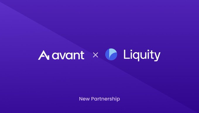 A purple promotional graphic announcing the "New Partnership" between Avant and Liquity, featuring both companies' logos alongside an "x" symbol. The image visually reinforces the collaboration mentioned in the post, highlighting the integration of BOLD/avUSD on Curve Finance with staking opportunities on StakeDAO.