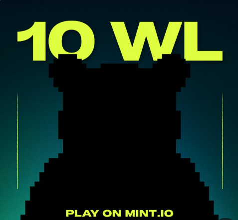 The image shows a pixelated black bear silhouette with the text "10 WL" in large green letters at the top and "PLAY ON MINT.IO" at the bottom. It serves as a promotional graphic for the @PlayOnMint platform, visually representing a MintABear NFT and its connection to the royalty-weighted bear concept discussed in the accompanying post.