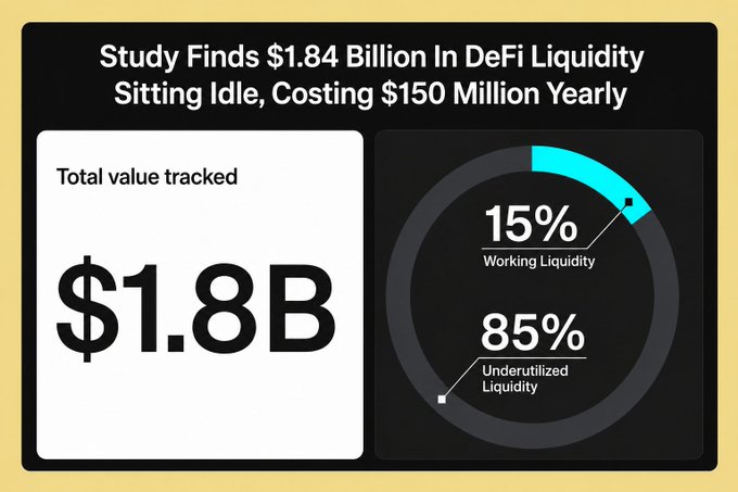An infographic titled 'Study Finds $1.84 Billion In DeFi Liquidity Sitting Idle, Costing $150 Million Yearly,' showing $1.8B total value tracked with 15% Working Liquidity and 85% Underutilized Liquidity.