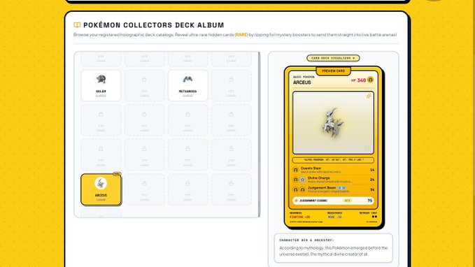 The image features a screenshot of a computer screen displaying an eBay page for Pokemon Collectors Deck Album. The album's cover art includes images of various Pokemon cards, such as Legendaries, Pokemon Yellow, and Pokemon Gold. Additionally, the post highlights that only one day has passed since its release, with people already unboxing these cards. There are several Pokemon characters on display in the album, and a comment mentions that the future of Pokémon cards lies in Solana. This creates anticipation for new releases and an interactive experience through gameplay.