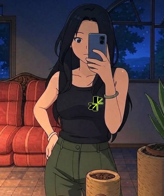 An anime-style drawing of a woman taking a mirror selfie with a blue phone, wearing a black tank top and green pants in a cozy room.