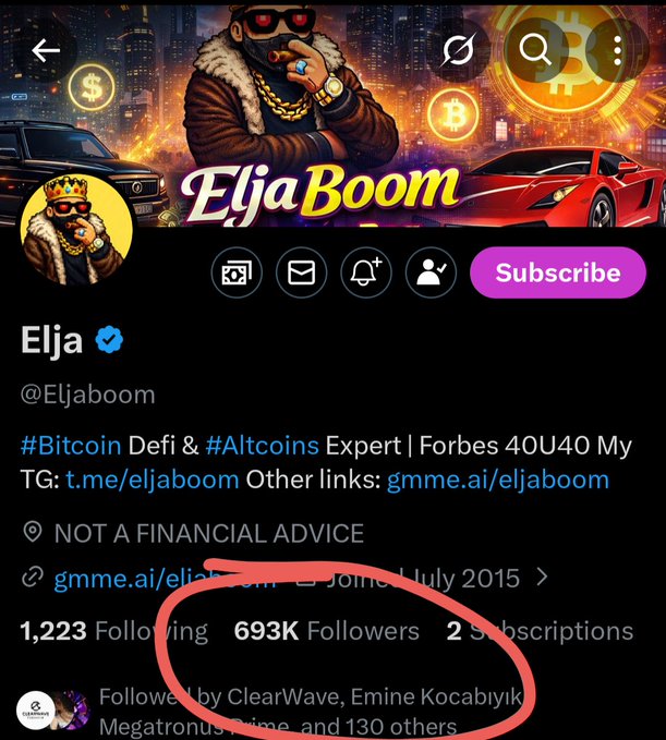 A Twitter/X profile page for "Elja" (@Eljaboom), showing 693K followers, with a banner featuring crypto/luxury imagery and Bitcoin logos, circling the follower count to highlight the account's reach likely used to amplify discussion of $LUNC (Terra Luna) as referenced in the accompanying post.