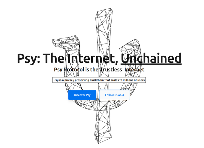 Promotional graphic for 'Psy: The Internet, Unchained' describing Psy Protocol as a trustless, privacy-preserving blockchain, with buttons to 'Discover Psy' and 'Follow us on X'.