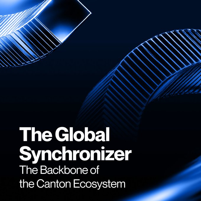 An abstract dark blue image featuring stylized, luminous gear-like structures in the upper portion, overlaid with the white text "The Global Synchronizer: The Backbone of the Canton Ecosystem." The interlocking geometric shapes visually reinforce the post's message of how the synchronizer unites Canton's subnets into a single, seamless network.