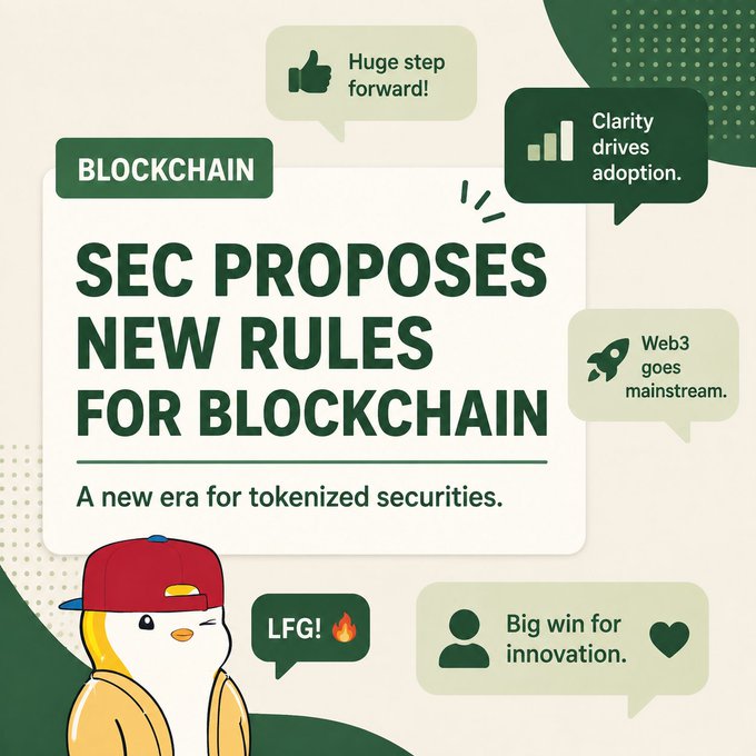 A graphic announces 'SEC PROPOSES NEW RULES FOR BLOCKCHAIN' with the tagline 'A new era for tokenized securities,' alongside cartoon chat bubbles reading 'Huge step forward!', 'Clarity drives adoption.', 'Web3 goes mainstream.', and 'Big win for innovation.'