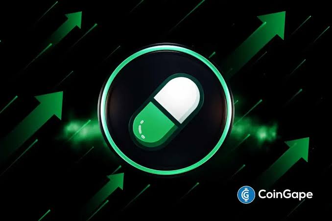 A CoinGape graphic showing a green and white pill icon surrounded by upward-pointing green arrows on a dark background.