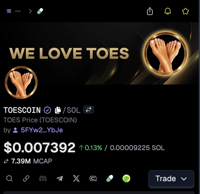 A cryptocurrency trading page for 'TOESCOIN / SOL' with the slogan 'WE LOVE TOES', priced at $0.007392 with a 7.39M market cap.