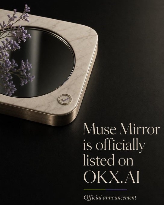 A sleek marble-textured "Muse Mirror" device with a reflective black screen rests beside lavender sprigs on a dark surface, accompanied by the announcement text "Muse Mirror is officially listed on OKX.AI — Official announcement," visually promoting the new AI agent's launch on the OKX.AI marketplace offering creative intelligence and media pack generation services.