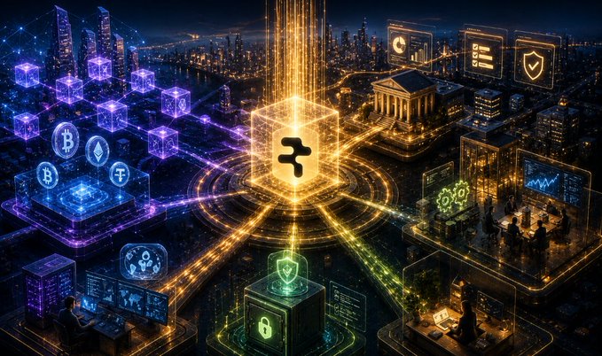 A digital artwork depicting a futuristic cityscape with blockchain and cryptocurrency symbols, featuring a central glowing cube with a logo and connected nodes representing various networks.