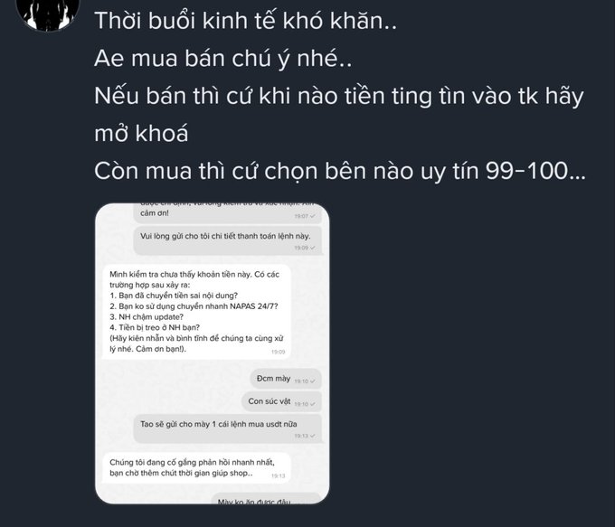 A Vietnamese-language social media post warning buyers about the current economic difficulties and advising them to transact with trusted sellers rather than deposit money into bank accounts, alongside a screenshot of a chat about payment orders.
