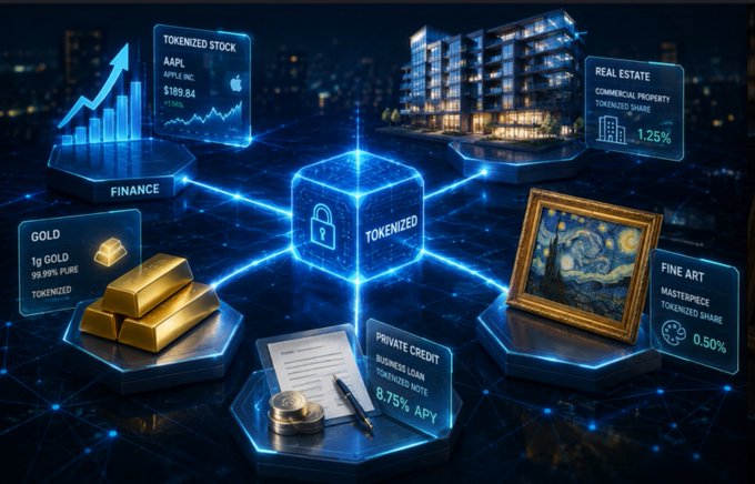 A digital illustration showing various tokenized assets including a stock (AAPL $189.84), real estate (1.25%), gold (99.99% pure), private credit (8.75% APY), and fine art (0.50%) connected to a central 'TOKENIZED' cube with a padlock icon.