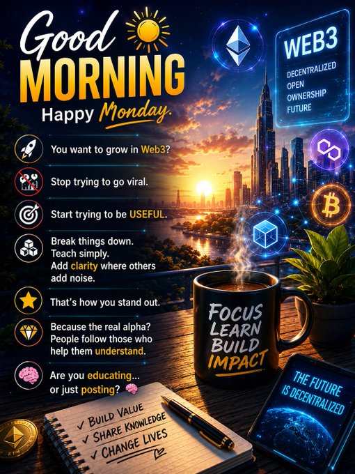 'Good Morning Happy Monday' Web3 motivational graphic about focusing on being USEFUL instead of going viral, featuring ETH, BTC, and Polygon logos, and a coffee mug labeled 'FOCUS LEARN BUILD IMPACT'.