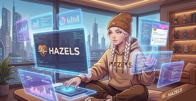 An anime-style illustration of a woman wearing a beanie and 'HAZELS' hoodie working with holographic data screens showing charts and analytics, branded with 'HAZELS' watermarks.
