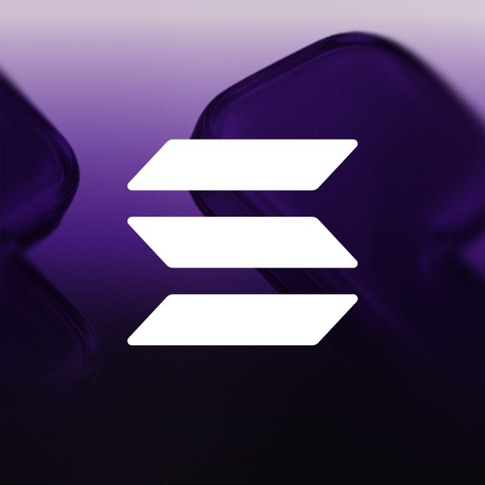 The image displays the white Solana (SOL) logo against a gradient purple background. This relates to the post by hinting that Solana might be the "next ticker" being considered.
