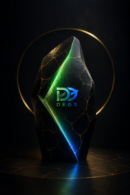 A dark, cracked stone monolith emitting a glowing green and blue light from a vertical slit, displaying the logo 'DEGX' against a dark background with a gold ring.