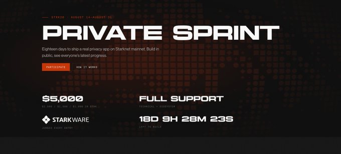 A promotional webpage for Starkware's 'PRIVATE SPRINT' hackathon, running August 14-31, offering $5,000 in prizes for building a privacy app on Starknet, with full support and technical ecosystem details displayed.