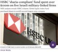 An HSBC bank branch sign is shown with a headline reading "HSBC shares plummet: fund spent over $1 million on four female military-linked firms," indicating a significant drop in the company's stock.
