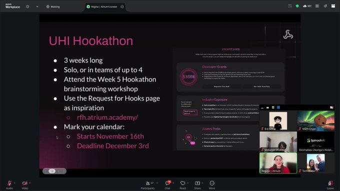 A Zoom meeting screenshot displays a presentation slide titled 'UHI Hookathon' outlining a 3-week hackathon with details like solo or team participation, a November 16th start date, and a December 3rd deadline.