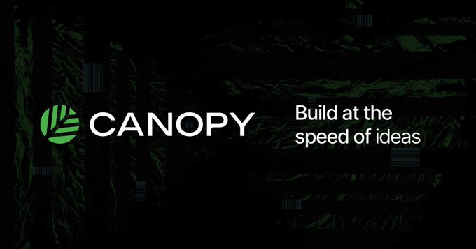 The image features the Canopy (CNPY) logo alongside the tagline "Build at the speed of ideas" against a dark green abstract background, visually reinforcing the post's theme about CNPY Network's mission to lower barriers in blockchain development and empower early builders.