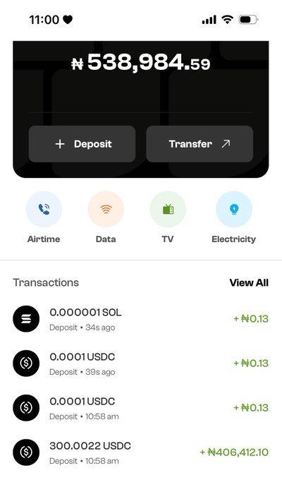 A mobile wallet screen shows a balance of ₦538,984.59 with buttons for 'Deposit' and 'Transfer,' along with recent transactions including 0.00001 SOL and 300.0022 USDC deposits.