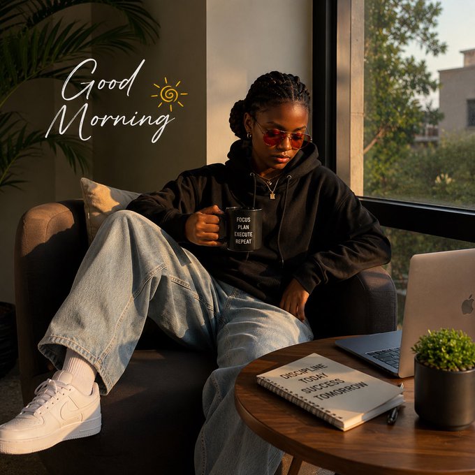 A relaxed young woman in a black hoodie and sunglasses holds a mug reading "FOCUS PLAN EXECUTE REPEAT" while seated in a sunlit room with a laptop, notebook, and coffee nearby. The "Good Morning ☀️" overlay and productive vibe complement the weekend AMA session reminder for $BGRID.