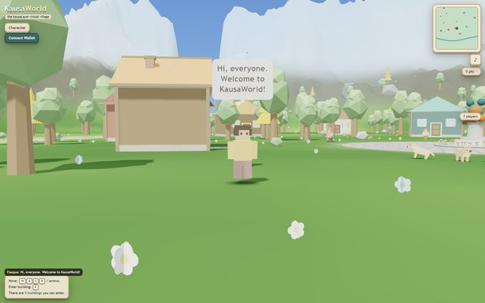 The image shows a 3D rendering of a village scene with a man standing in front of a house, holding up a sign that says "Welcome everyone! Welcome to KauaWorld!". The village appears to be a small, green-colored world populated by various objects such as trees and houses. A dog can also be seen in the background. The image is posted on social media with a caption that reads "KausaWorld is live on mainnet. A browser-based village on Solana. Explore in 3D, fish to earn SOL. Nothing to install, it runs in the browser on desktop and mobile."